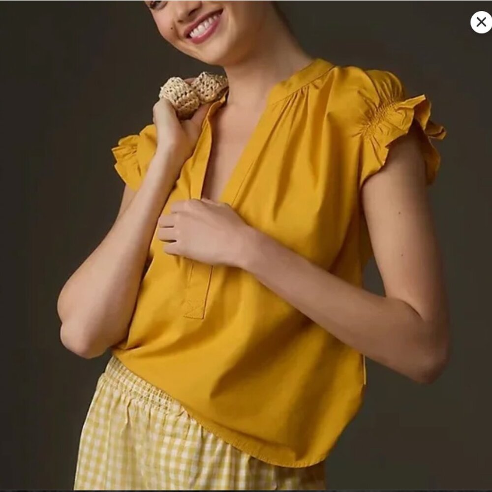 Anthropologie Pilcro The Tatum Flutter Top | Yellow Linen Blouse | Size Medium